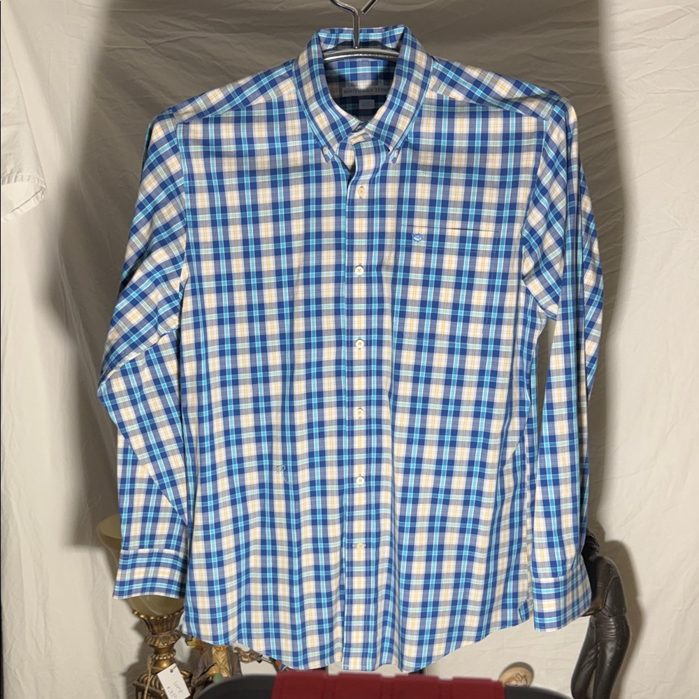 Southern Tide Blue, White and Light Blue Plaid Button-Down Shirt